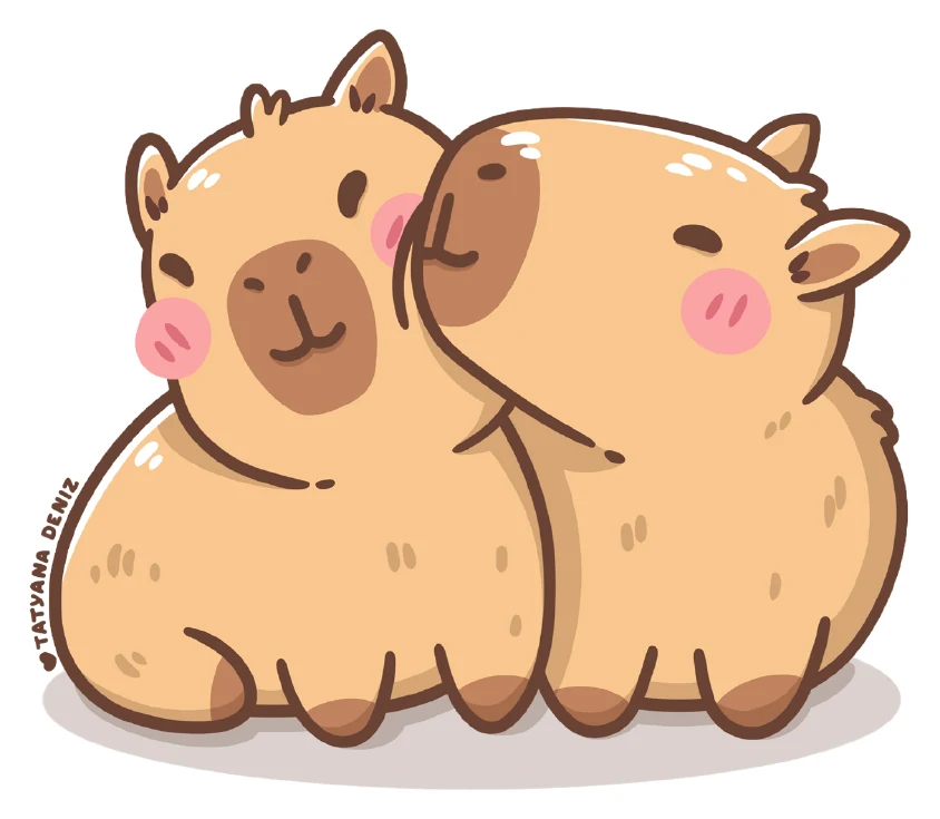 Two cuddling capybara characters drawn as a die-cut sticker