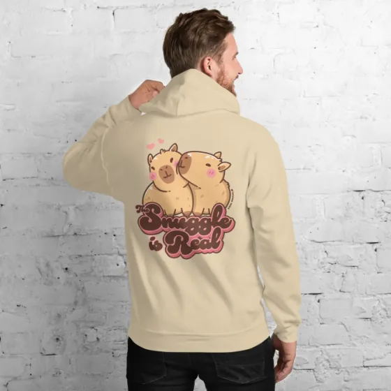 Sand-coloured hoodie printed with a capybara character design