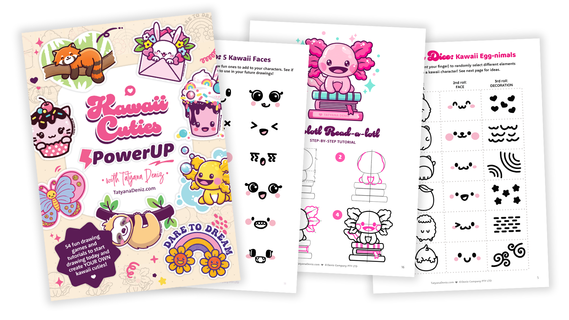 PowerUp e-book pages showing kawaii characters, dice games and step-by-step tutorials