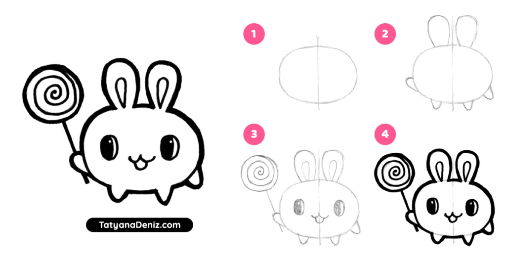 How to draw kawaii bunny with a lollipop step-by-step