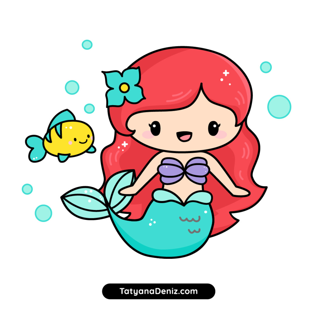 How to draw mermaid Ariel cute and easy step-by-step