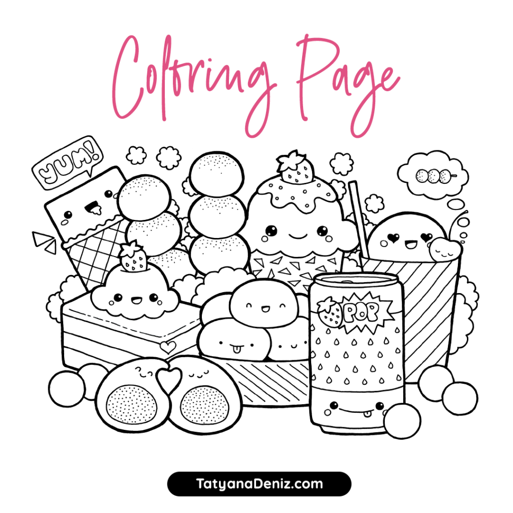 Free coloring page with kawaii food doodle. Enjoy these kawaii cupcakes, desserts, and sweets!