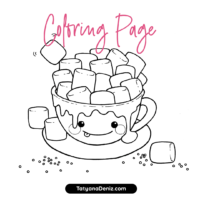 Free coloring page (printable PDF) with hot chocolate and marshmallows!