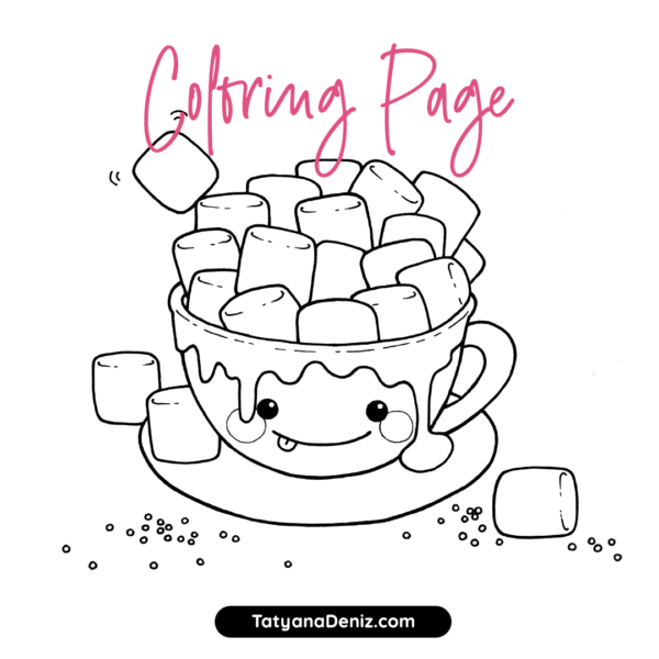Free coloring page (printable PDF) with hot chocolate and marshmallows!