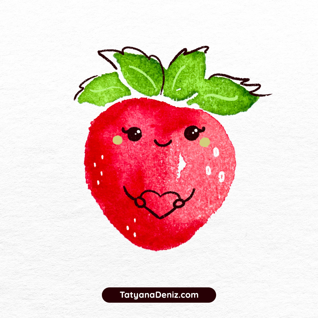 Cute kawaii strawberry watercolor art by Tatyana Deniz | TatyanaDeniz.com