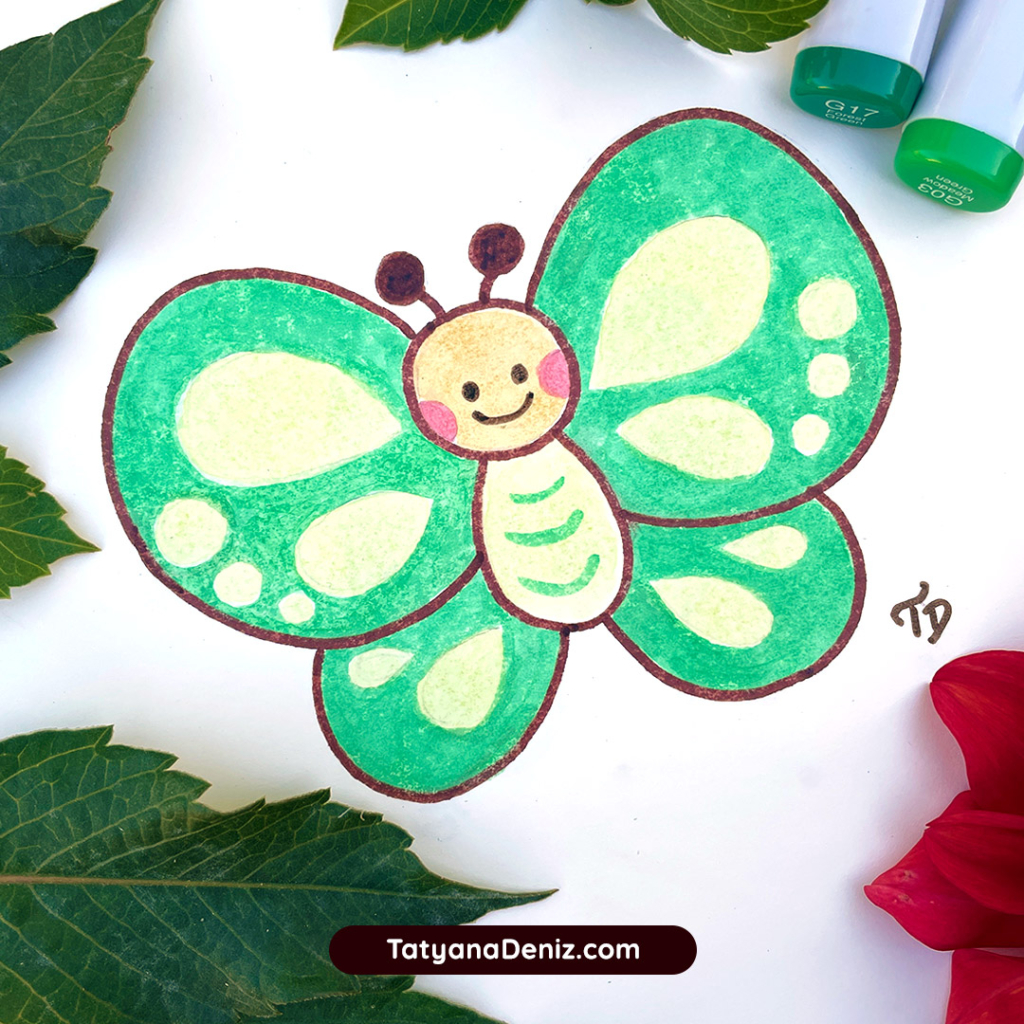 Cute butterfly drawing sage green by Tatyana Deniz