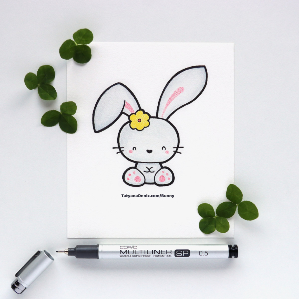 Cute kawaii Easter Bunny drawing for DIY Easter cards and crafts.