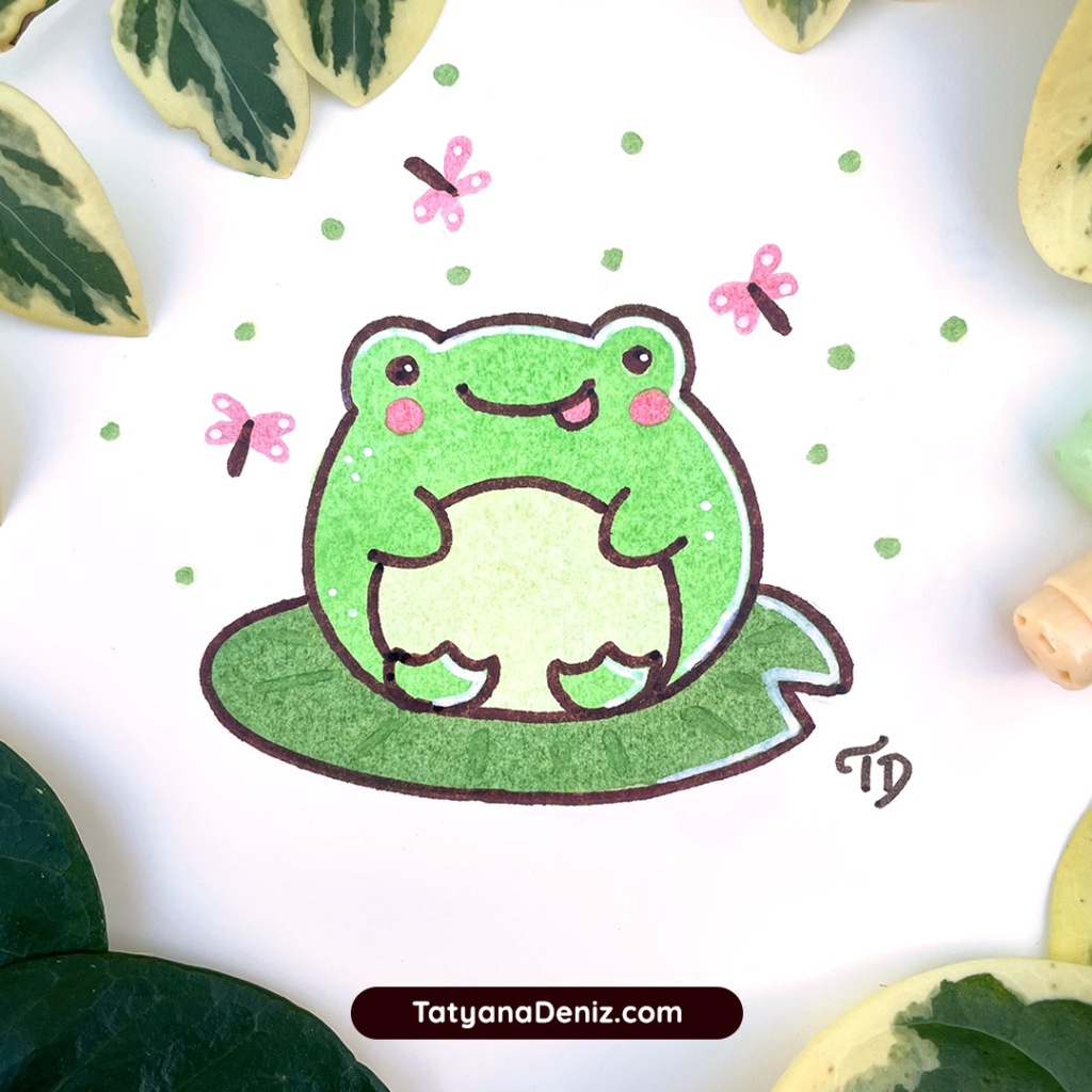 Kawaii cottagecore cute frog and dragonflies sage green drawing by Tatyana Deniz