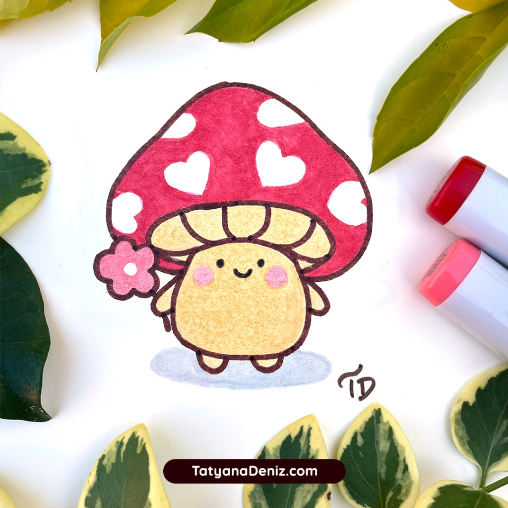 Kawaii cottagecore mushroom drawing by Tatyana Deniz