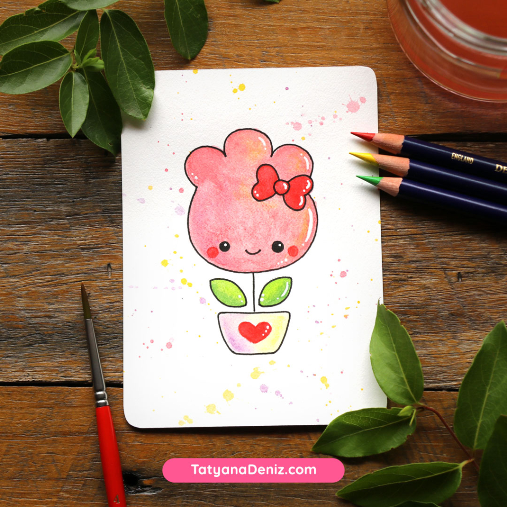 Kawaii cute flower with watercolor pencils by Tatyana Deniz