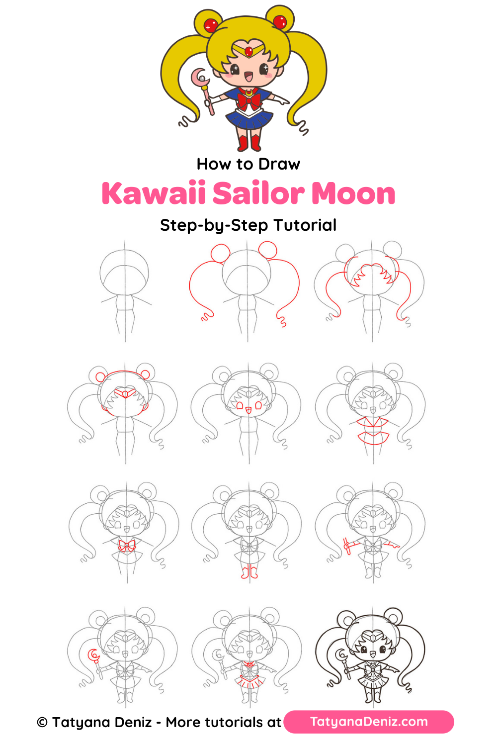 How to draw kawaii Sailor Moon in 12 steps, from guide shapes to the finished chibi drawing, by Tatyana Deniz