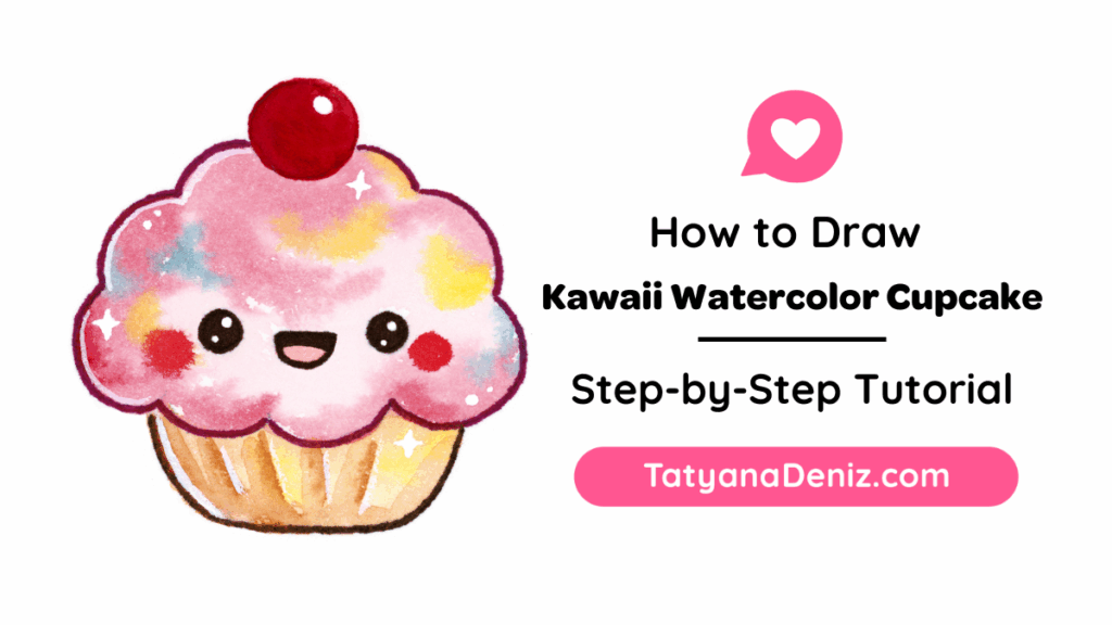 Kawaii watercolor cupcake with a cherry on top and a smiling face, painted by Tatyana Deniz