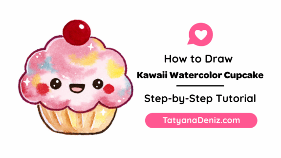 Kawaii watercolor cupcake with a cherry on top and a smiling face, painted by Tatyana Deniz