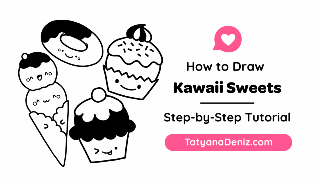Four kawaii sweets with happy faces: an ice cream cone, a donut and two cupcakes, by Tatyana Deniz
