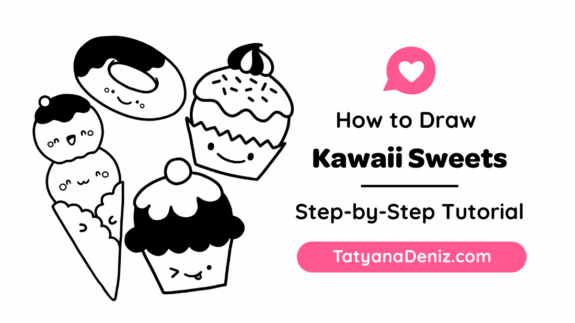Four kawaii sweets with happy faces: an ice cream cone, a donut and two cupcakes, by Tatyana Deniz