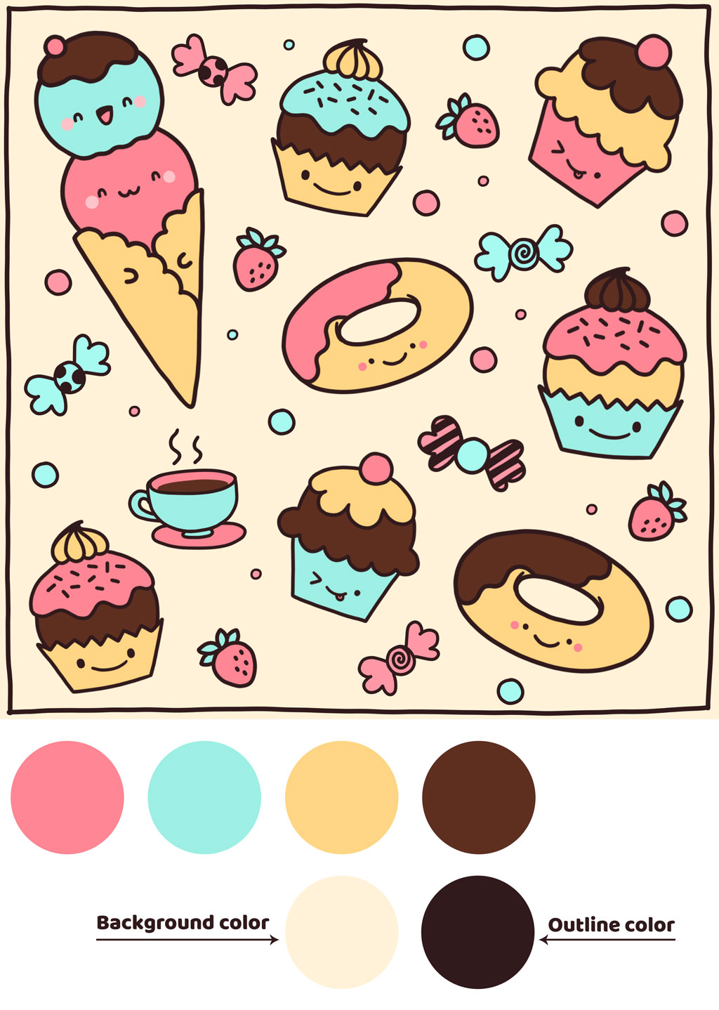 Colored kawaii sweets pattern with ice cream, cupcakes, donuts and candy, plus its pink, mint, yellow and brown color palette